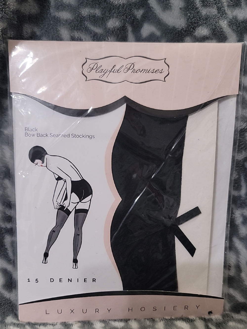 Playful Promises Black Bow Back Seamed Stockings Size L 16/18